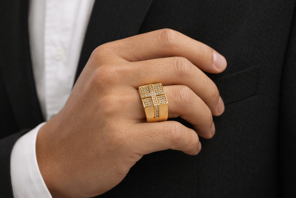 10K Yellow Gold Diamond Cross Signet Ring